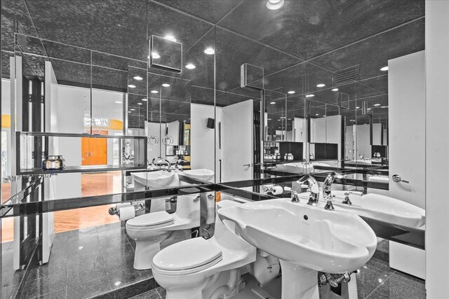 bathroom featuring toilet, granite finish floor, and a sink