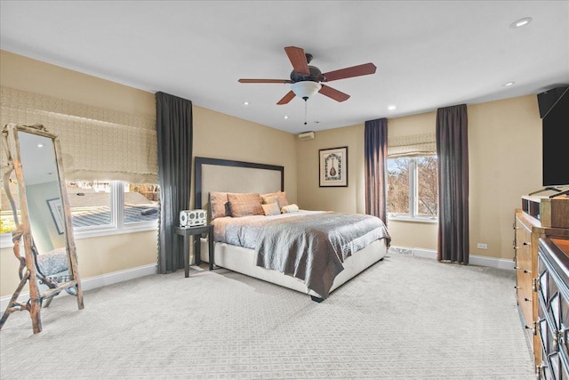 carpeted bedroom with recessed lighting, baseboards, and ceiling fan