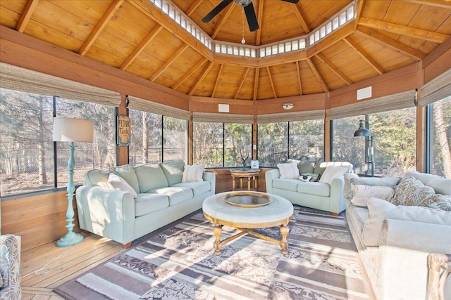 interior space with visible vents, wooden ceiling, lofted ceiling with beams, and a ceiling fan