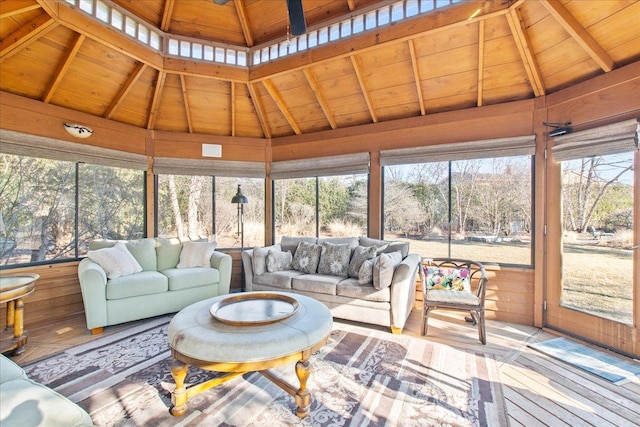 sunroom / solarium with wood ceiling and vaulted ceiling with beams