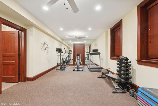 exercise area featuring recessed lighting, a ceiling fan, baseboards, and carpet floors