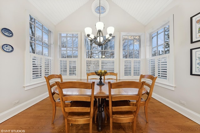 dining area with a wealth of natural light, baseboards, lofted ceiling, and wood finished floors