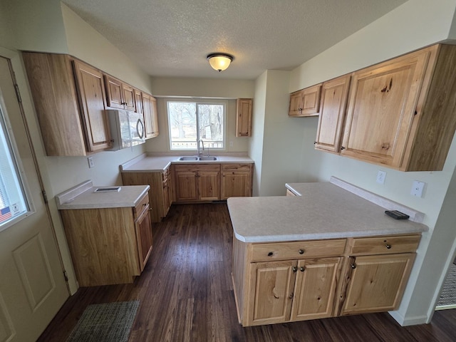 kitchen with a sink, white microwave, dark wood-style floors, and light countertops