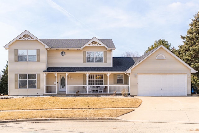 view of front of house with concrete driveway, a garage, and covered porch