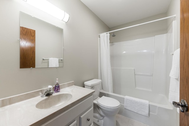 bathroom featuring tile patterned floors, toilet, shower / tub combo with curtain, and vanity