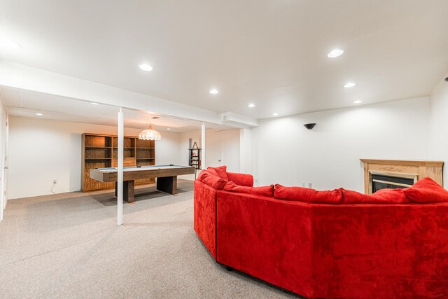 carpeted living room featuring recessed lighting and billiards