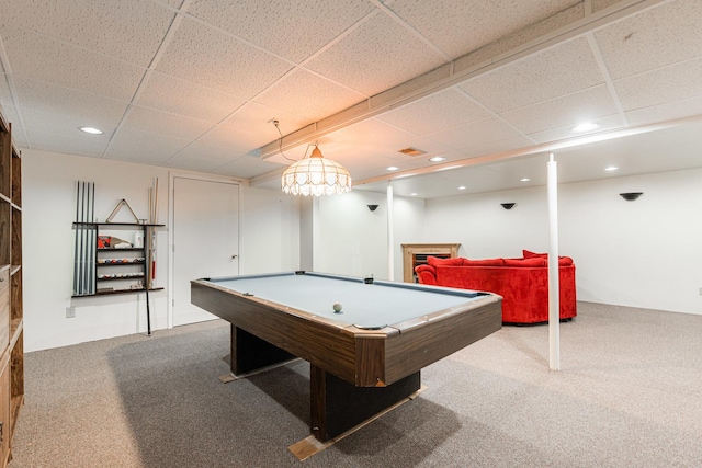 recreation room featuring pool table, recessed lighting, carpet, and a paneled ceiling