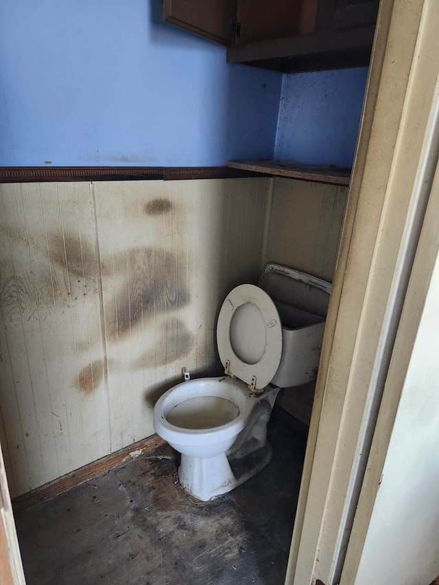 bathroom featuring wooden walls and toilet