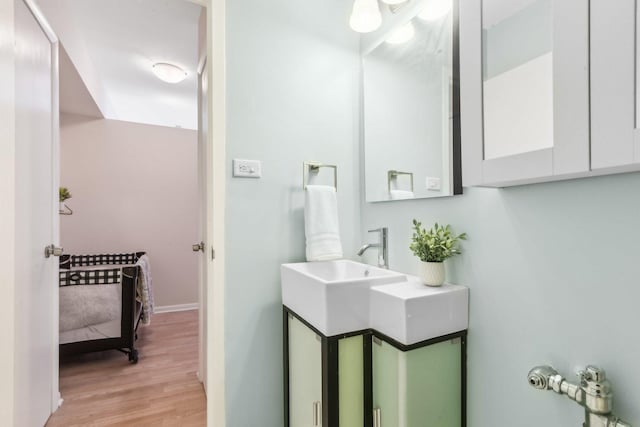 bathroom with vanity, baseboards, and wood finished floors