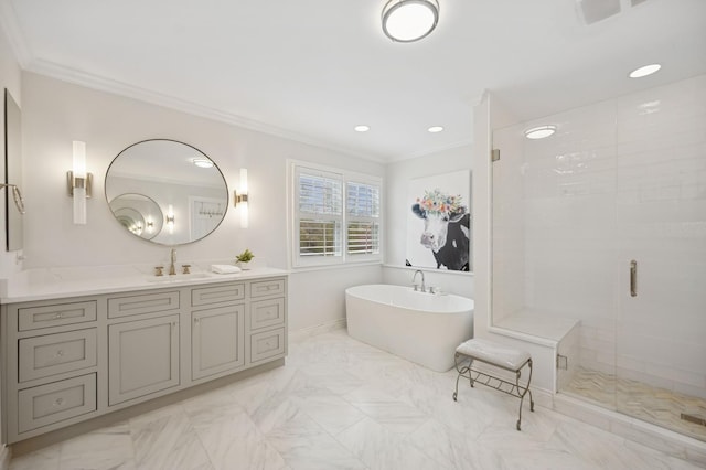 bathroom featuring vanity, recessed lighting, a stall shower, crown molding, and a freestanding tub