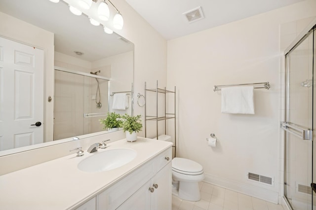 full bath with a stall shower, toilet, and visible vents