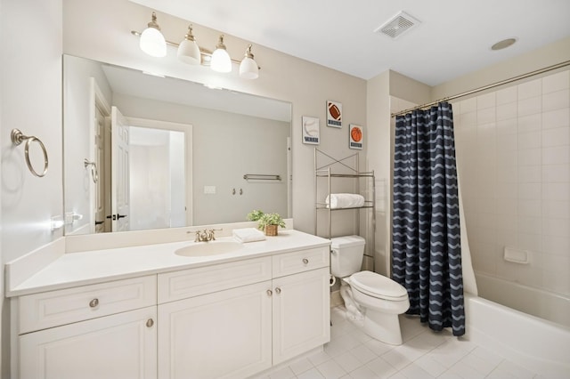 full bath featuring toilet, visible vents, tile patterned floors, vanity, and shower / bath combo