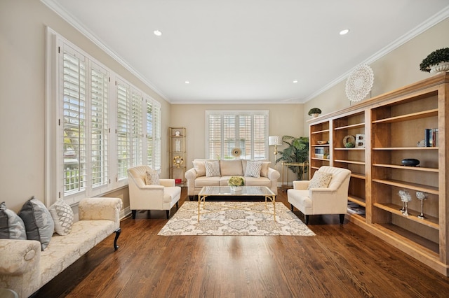 living area featuring recessed lighting, baseboards, ornamental molding, and dark wood-style floors