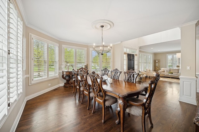 dining area featuring crown molding, a notable chandelier, dark wood-style floors, and plenty of natural light