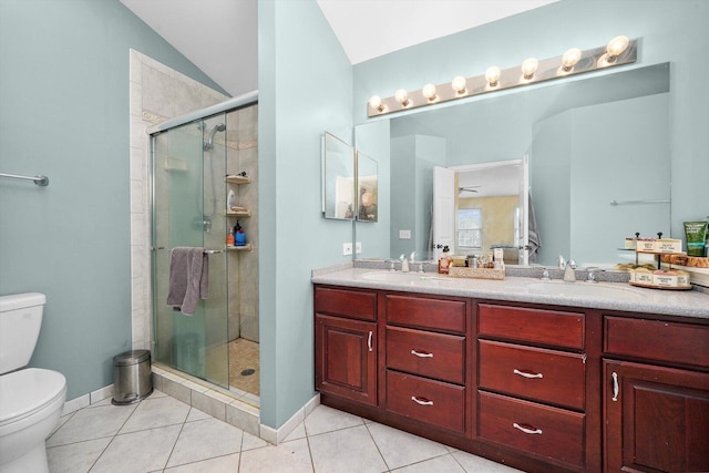 full bathroom with a shower stall, toilet, double vanity, tile patterned floors, and a sink
