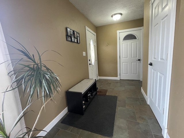 foyer featuring stone finish floor, a textured ceiling, and baseboards