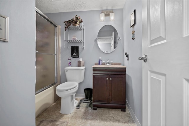 bathroom with vanity, baseboards, enclosed tub / shower combo, a textured ceiling, and toilet