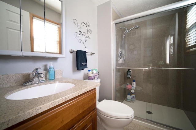 bathroom with a shower stall, toilet, and vanity