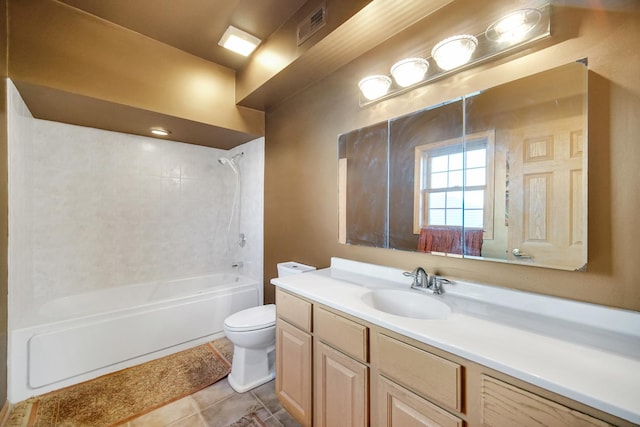 full bathroom featuring tile patterned floors, visible vents, toilet,  shower combination, and vanity