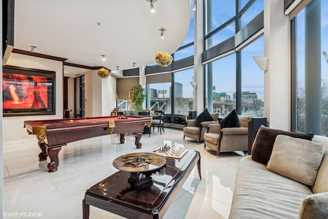 playroom with a city view, billiards, and tile patterned flooring