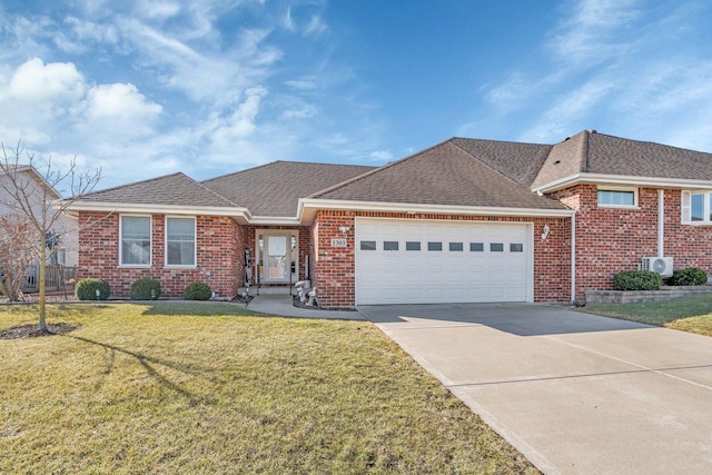 ranch-style house with driveway, brick siding, roof with shingles, and a front lawn