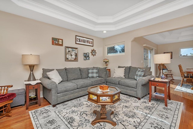 living area featuring a healthy amount of sunlight, a raised ceiling, and wood finished floors