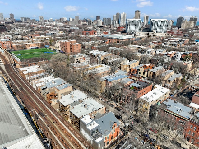 drone / aerial view with a city view