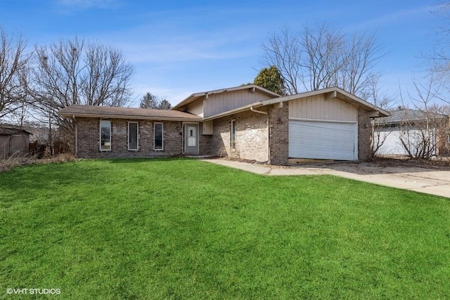 view of front facade with brick siding, an attached garage, concrete driveway, and a front lawn