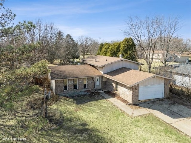 view of front facade featuring a shingled roof, concrete driveway, a front lawn, a garage, and brick siding