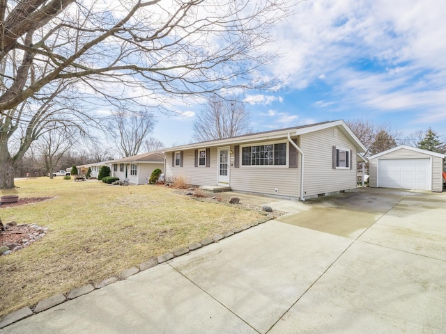 ranch-style home featuring driveway, a front yard, a detached garage, and an outdoor structure