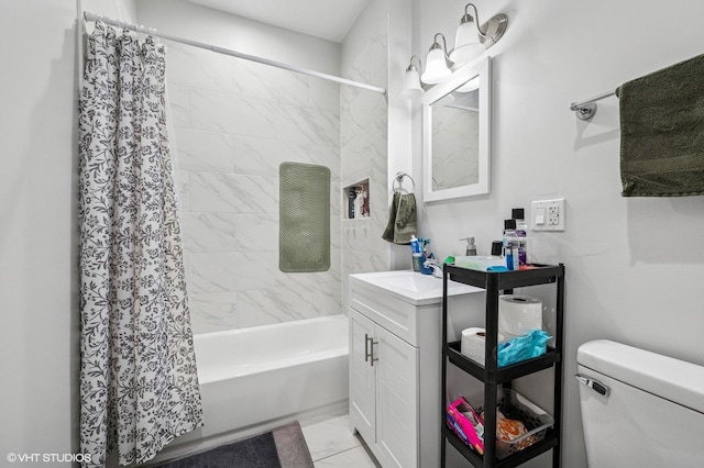 full bath with vanity, toilet, shower / bath combo, and marble finish floor