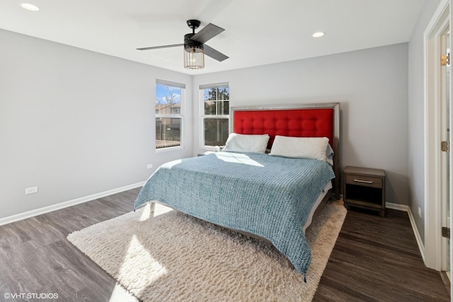 bedroom with recessed lighting, ceiling fan, baseboards, and wood finished floors