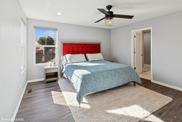 bedroom featuring visible vents, baseboards, recessed lighting, wood finished floors, and a ceiling fan