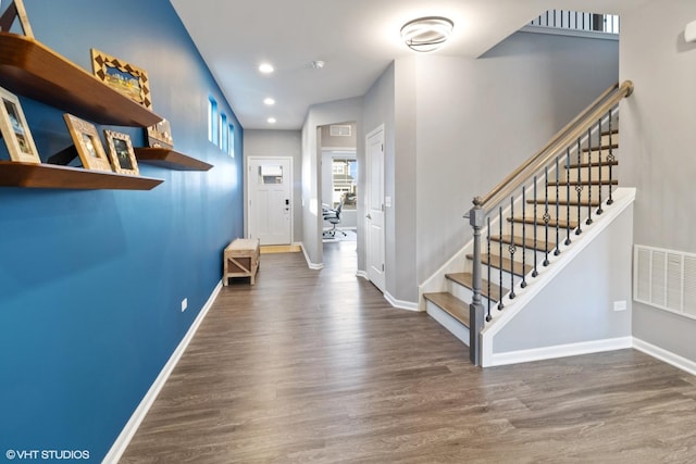 entrance foyer featuring recessed lighting, visible vents, baseboards, and wood finished floors