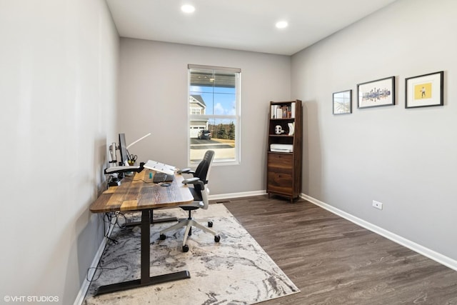 office space with recessed lighting, baseboards, and dark wood-style floors