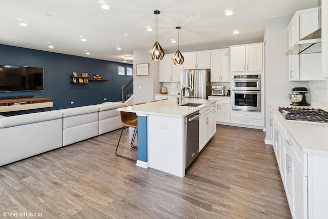 kitchen featuring light wood finished floors, open floor plan, appliances with stainless steel finishes, and a sink