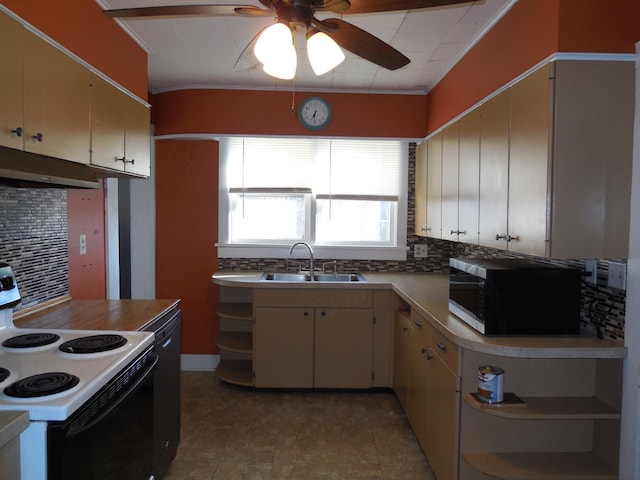 kitchen with open shelves, a sink, electric range oven, under cabinet range hood, and backsplash