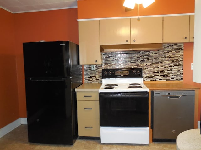 kitchen featuring electric range, freestanding refrigerator, crown molding, light countertops, and dishwasher