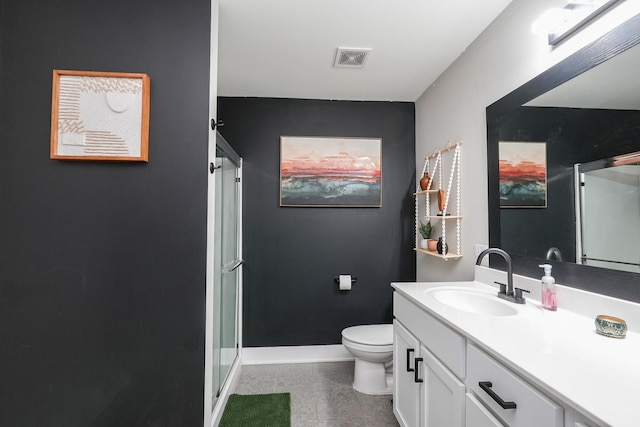 full bathroom with visible vents, baseboards, toilet, a stall shower, and vanity