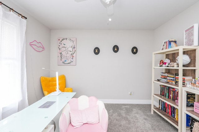 office featuring ceiling fan, baseboards, and carpet