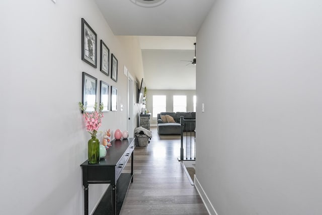 hall featuring dark wood-style floors and baseboards