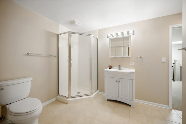 bathroom with visible vents, toilet, a stall shower, baseboards, and vanity