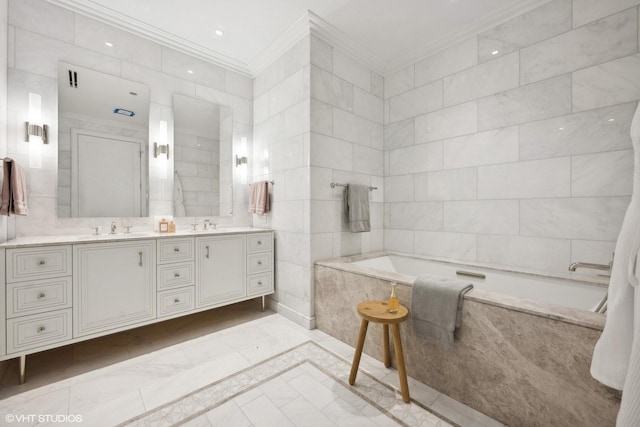 bathroom featuring double vanity, ornamental molding, tile walls, and a sink