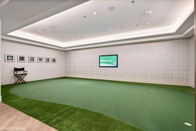 interior space featuring a raised ceiling, golf simulator, wood finished floors, and baseboards