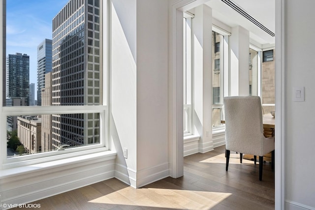 interior space featuring baseboards, plenty of natural light, a city view, and wood finished floors