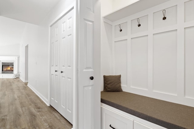 mudroom with a glass covered fireplace, light wood-style flooring, and baseboards