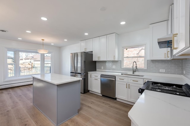 kitchen with light wood-type flooring, a center island, stainless steel appliances, and a sink