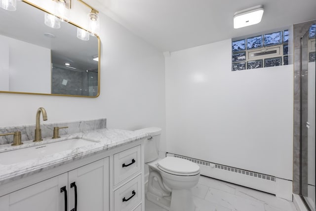 bathroom featuring vanity, a baseboard radiator, an enclosed shower, toilet, and marble finish floor