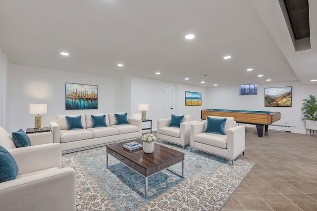 living area with light tile patterned flooring, recessed lighting, and billiards