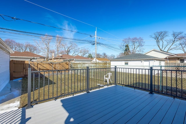 wooden deck featuring a lawn and a fenced backyard